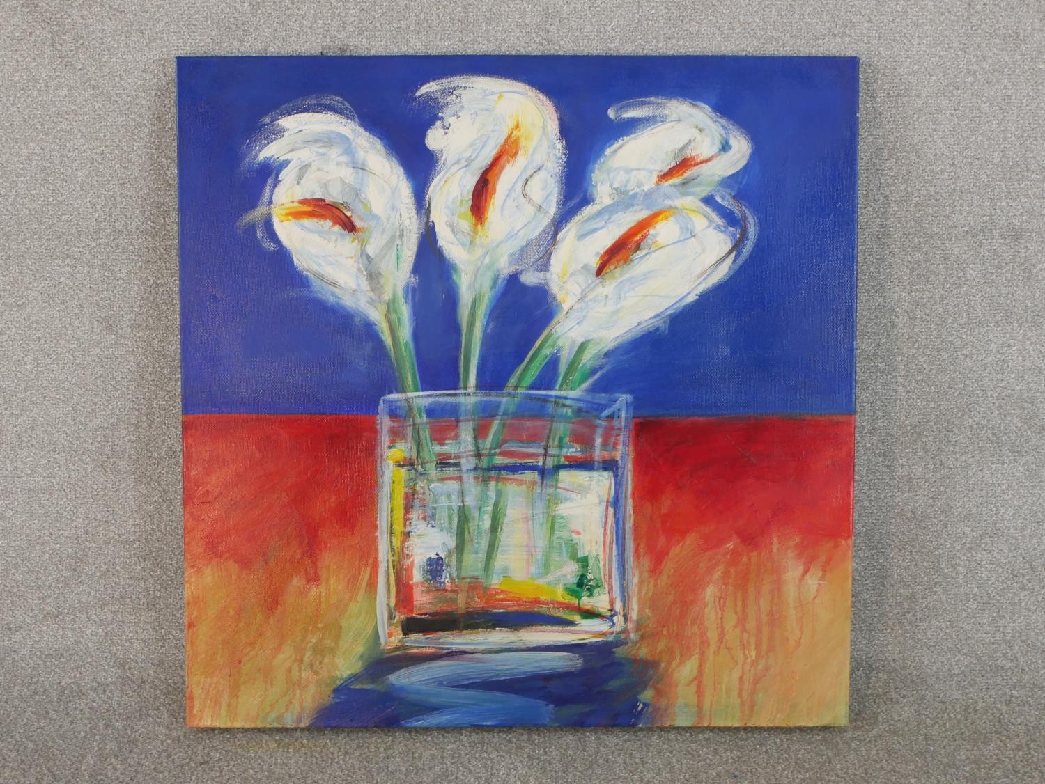 An unframed oil on canvas of a vase of arum lilies, signed verso Colin Michaels. H.76 W.76cm - Image 2 of 4