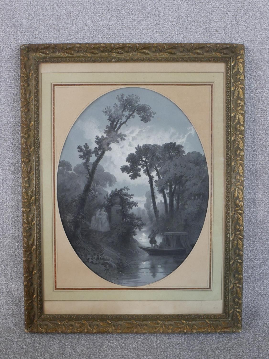 A framed and glazed 19th century en grisaille watercolour of boating by the moonlight, - Image 2 of 7