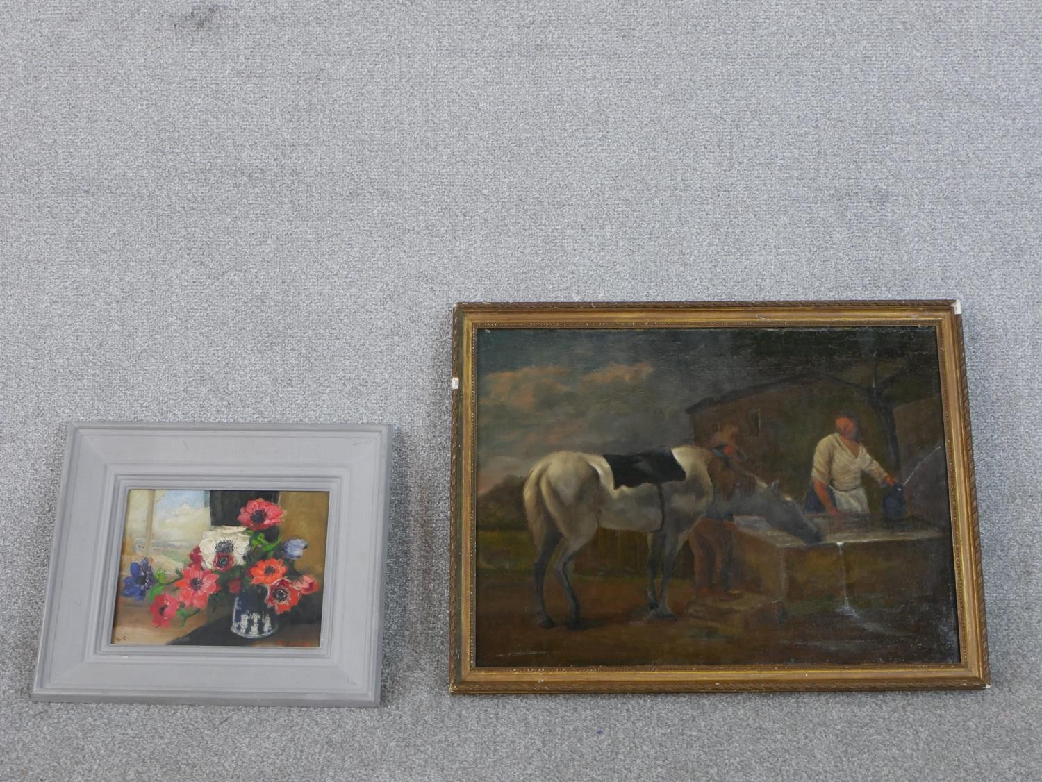 Two framed oils on canvas, one of a vase of flowers, unsigned and an 18th century oil on canvas of a