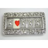 A Victorian hallmarked sterling silver repousse decorated Bridge/Trump marker, sliding window to