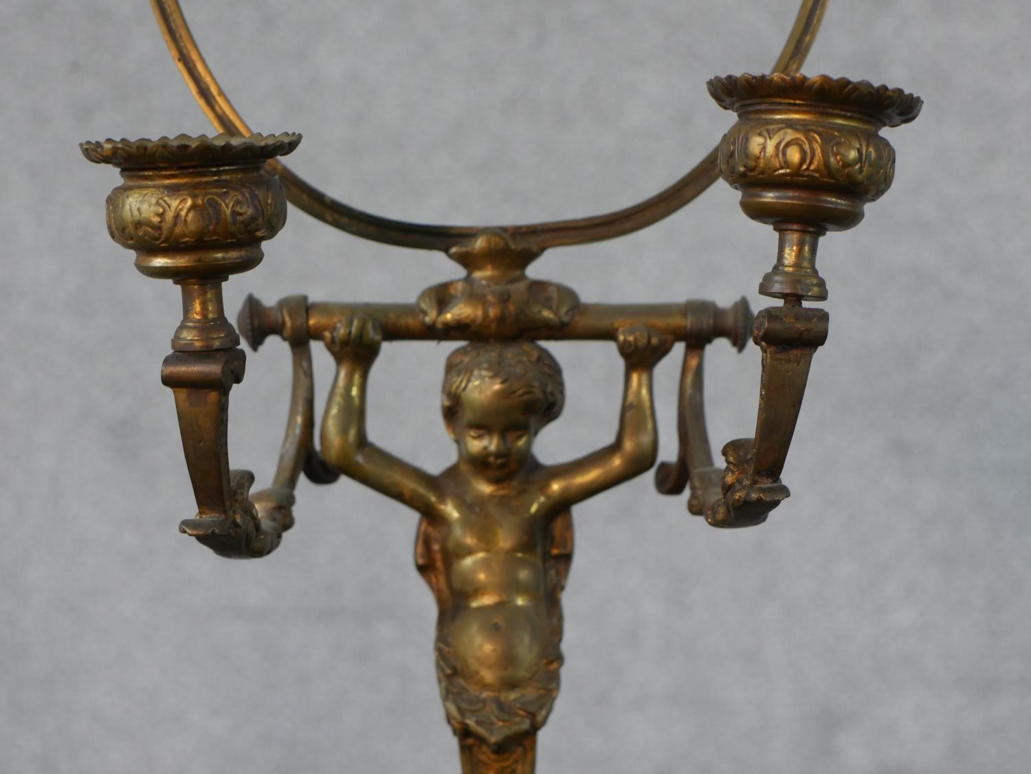 Two pairs of brass candlesticks and a 19th century Classical design two branch gilt spelter - Image 3 of 5