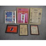 Six framed and glazed vintage theatre programmes and posters for various productions, including