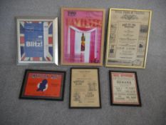 Six framed and glazed vintage theatre programmes and posters for various productions, including