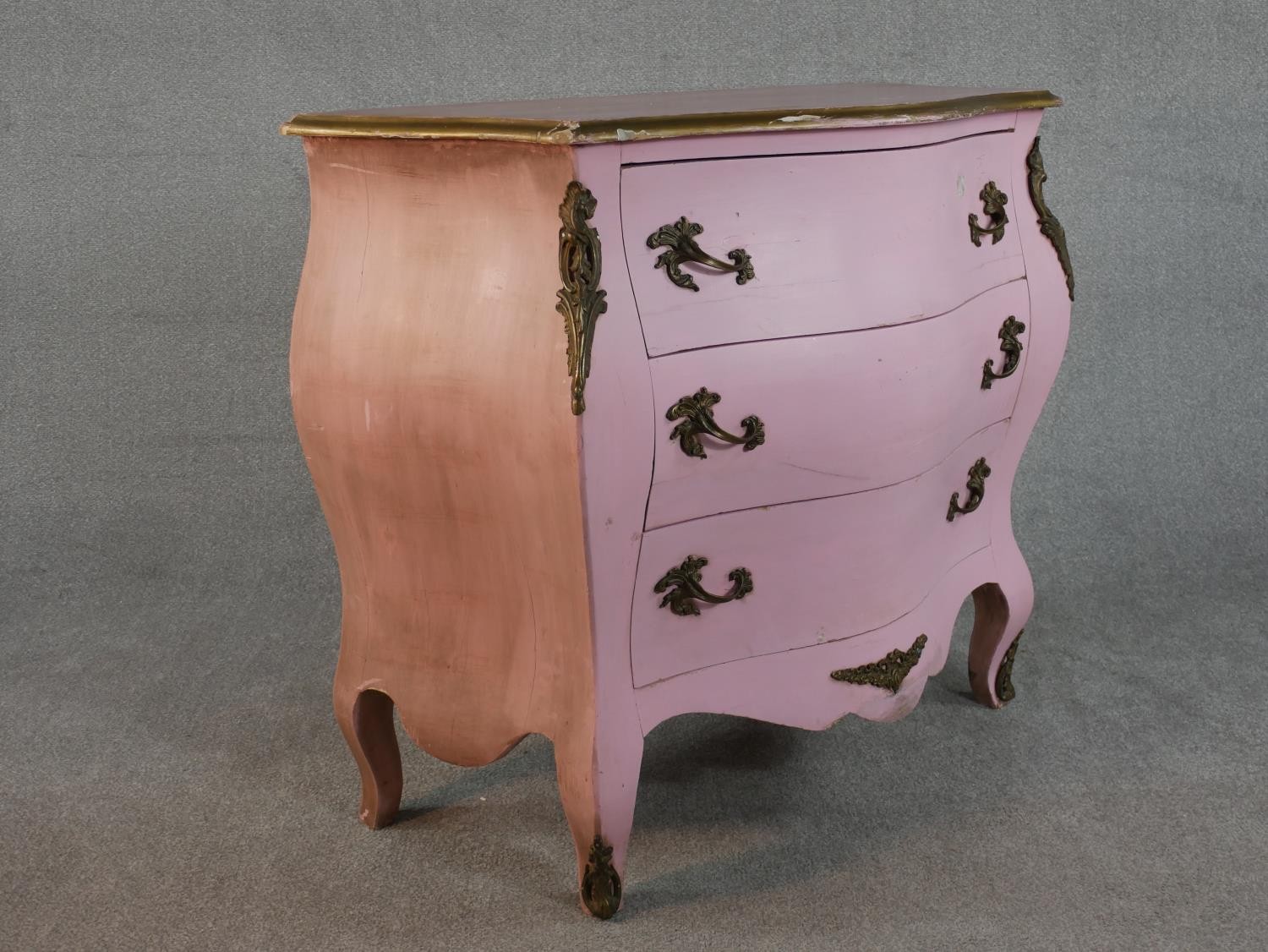 A pink painted Louis XV style bombe chest of drawers, the top with a moulded parcel gilt edge over - Image 2 of 6