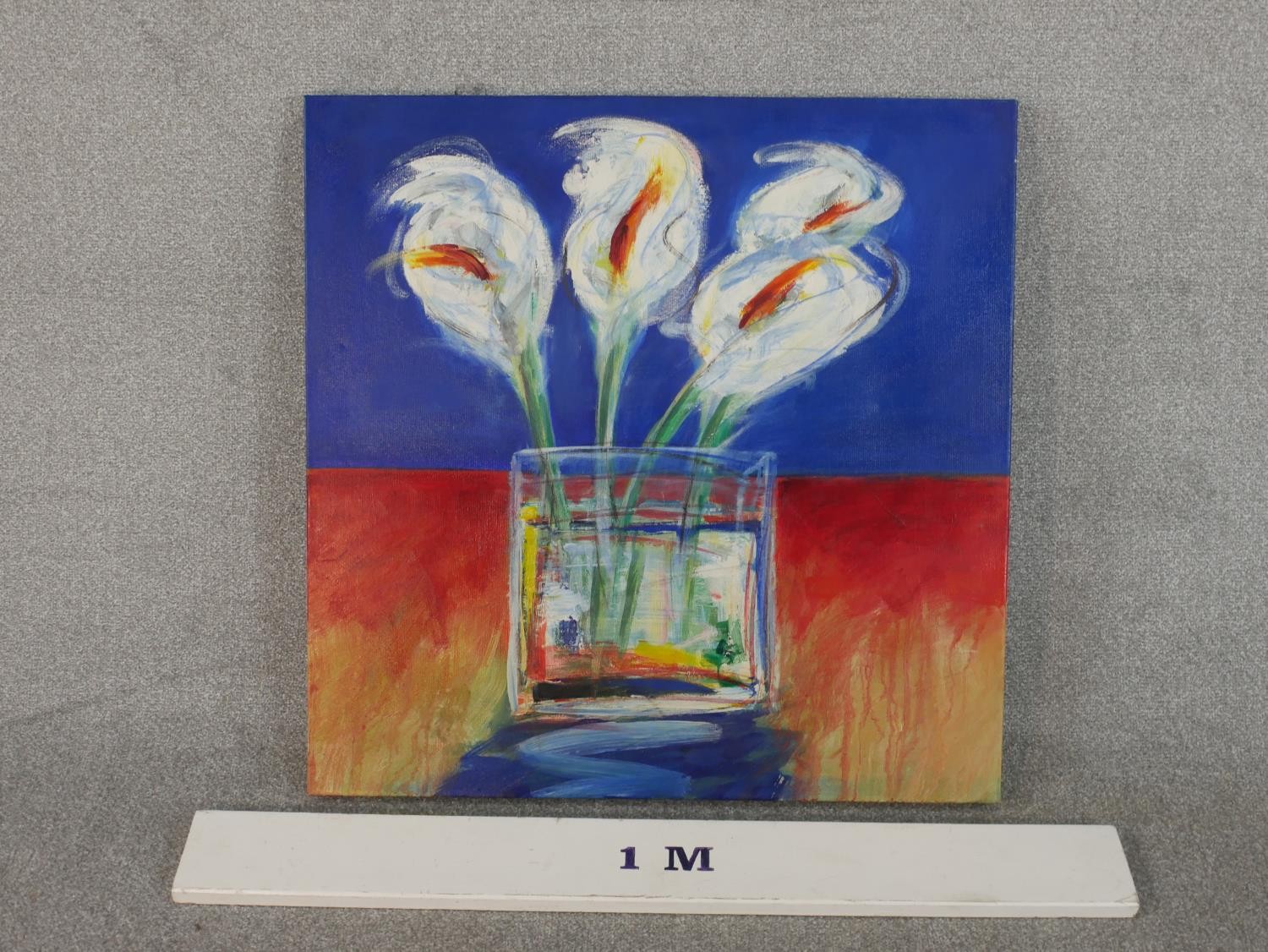 An unframed oil on canvas of a vase of arum lilies, signed verso Colin Michaels. H.76 W.76cm - Image 3 of 4
