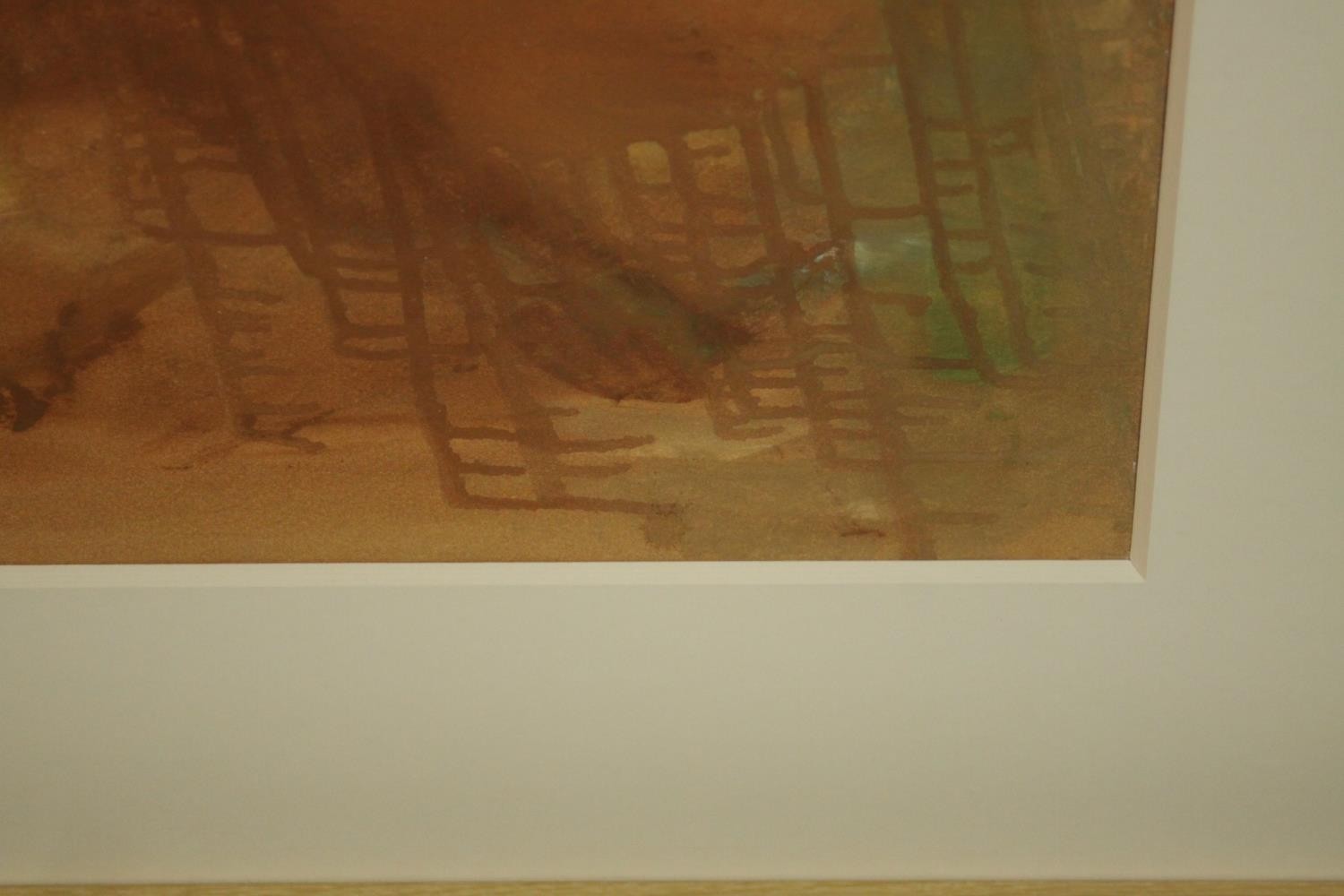 Kate Nicholson (1929 - 2019), ‘Untitled' (Coastal Light)’ in ochre, orange and brown, gouache on - Image 4 of 7