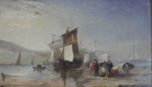 A 19th century carved gilt framed oil on board of fishing boats and figures on a beach, unsigned.