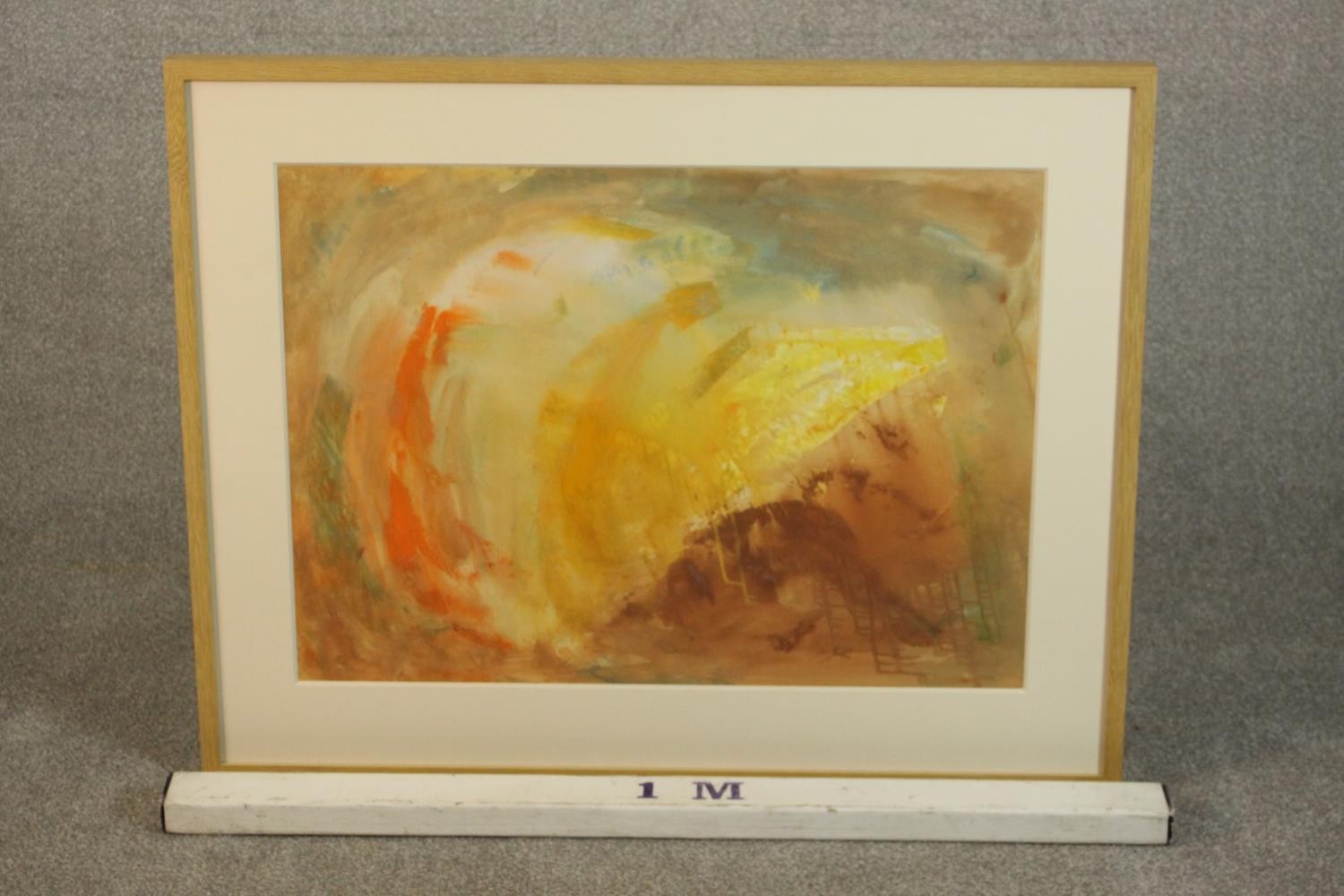 Kate Nicholson (1929 - 2019), ‘Untitled' (Coastal Light)’ in ochre, orange and brown, gouache on - Image 3 of 7