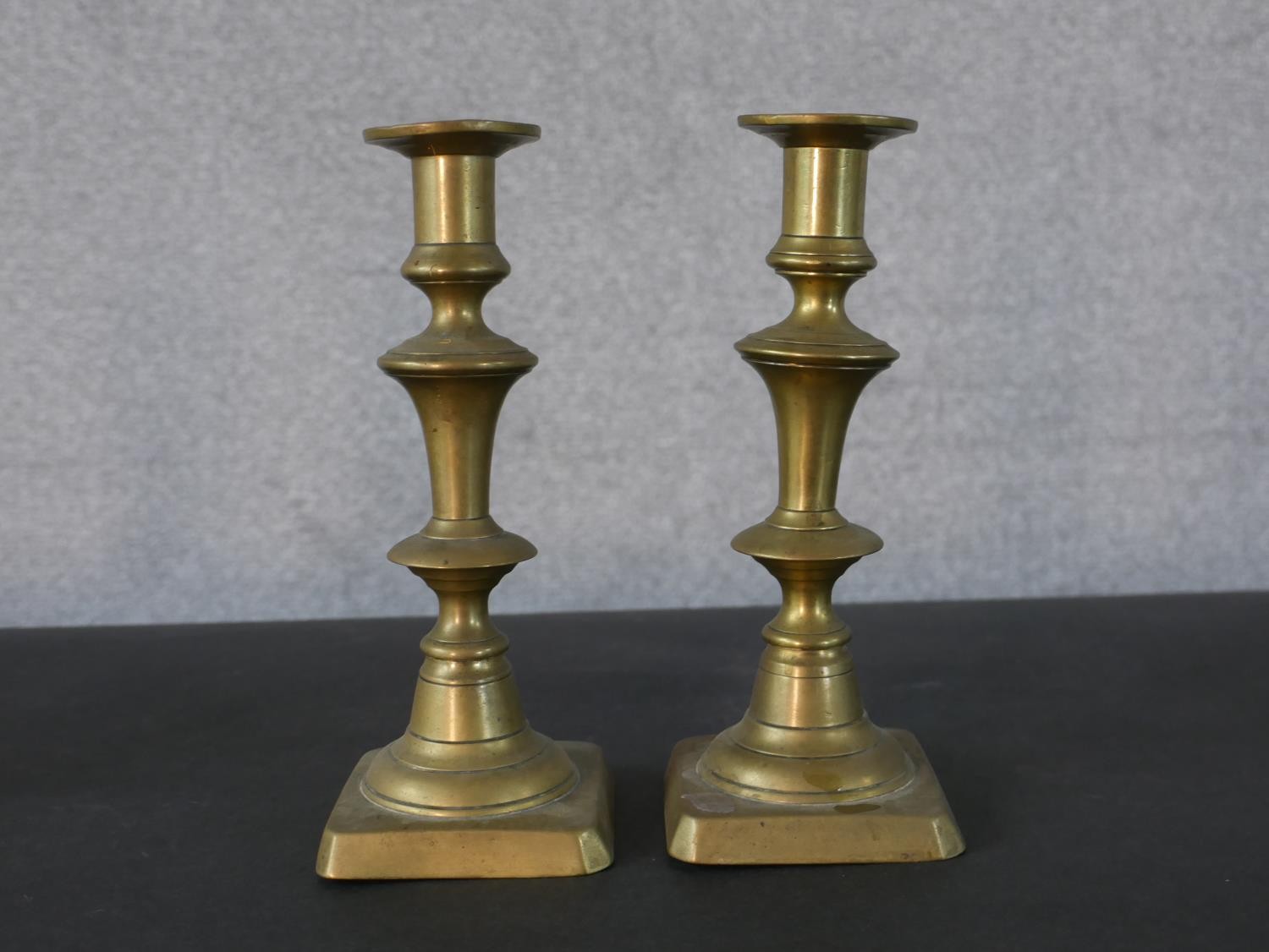 Two pairs of brass candlesticks and a 19th century Classical design two branch gilt spelter - Image 4 of 5