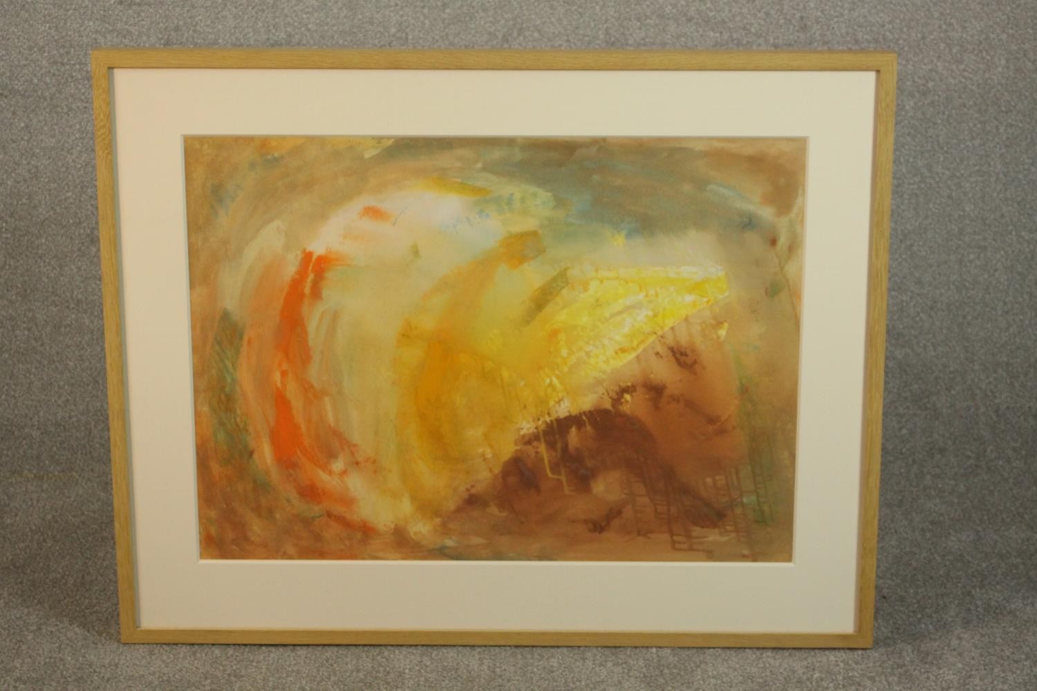 Kate Nicholson (1929 - 2019), ‘Untitled' (Coastal Light)’ in ochre, orange and brown, gouache on - Image 2 of 7