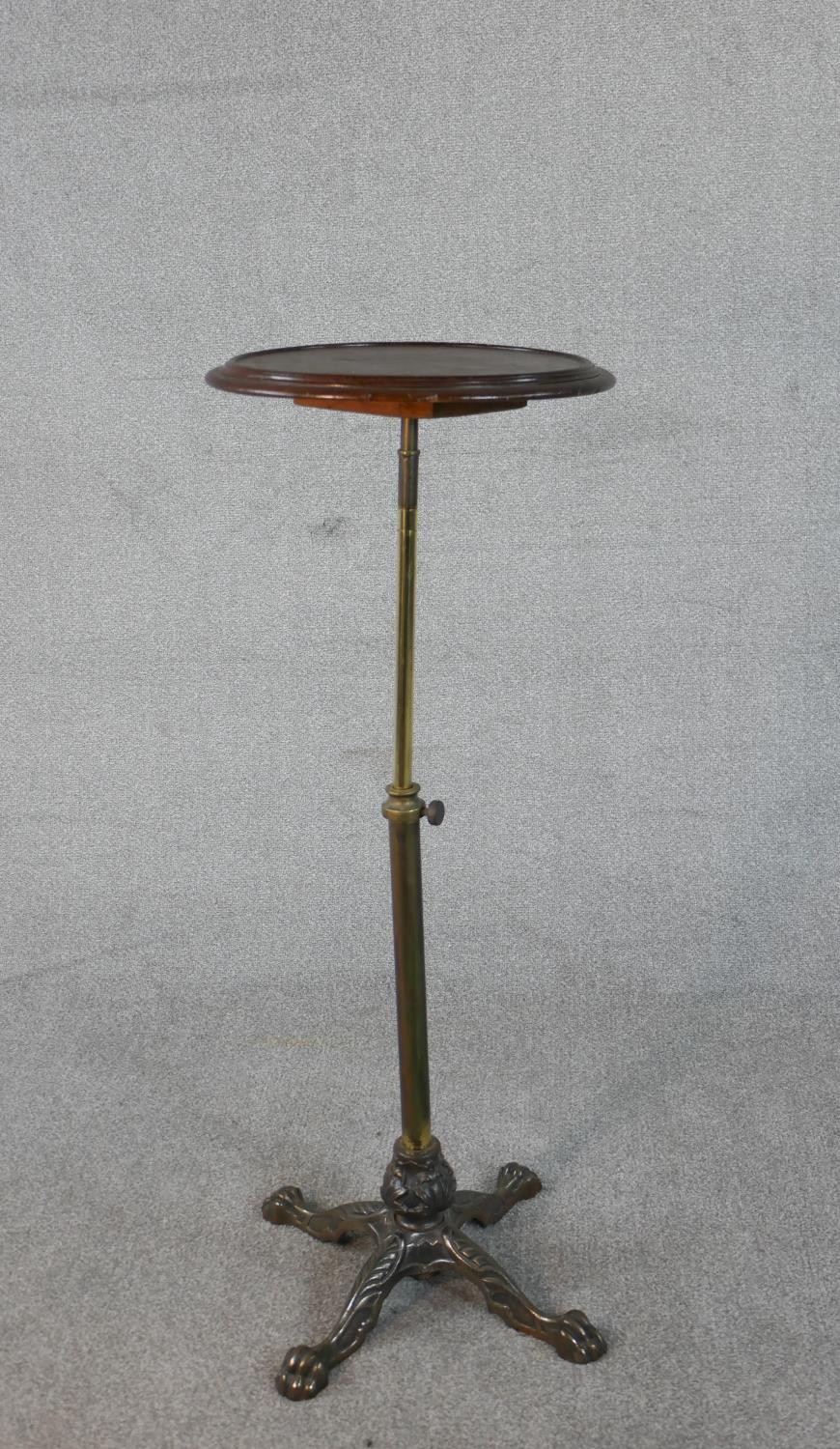 A late Victorian adjustable occasional or lamp table, the circular dished top on a telescopic - Image 2 of 5