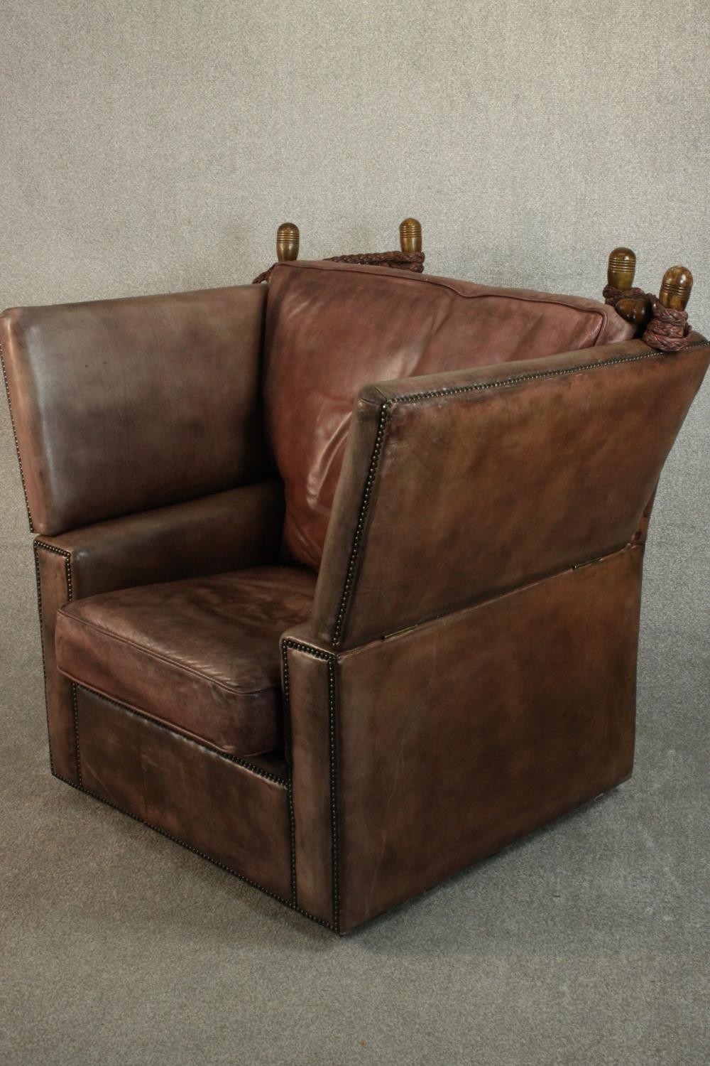 A Knole style contemporary brown leather armchair, with turned stained beech finials and studded - Image 3 of 12