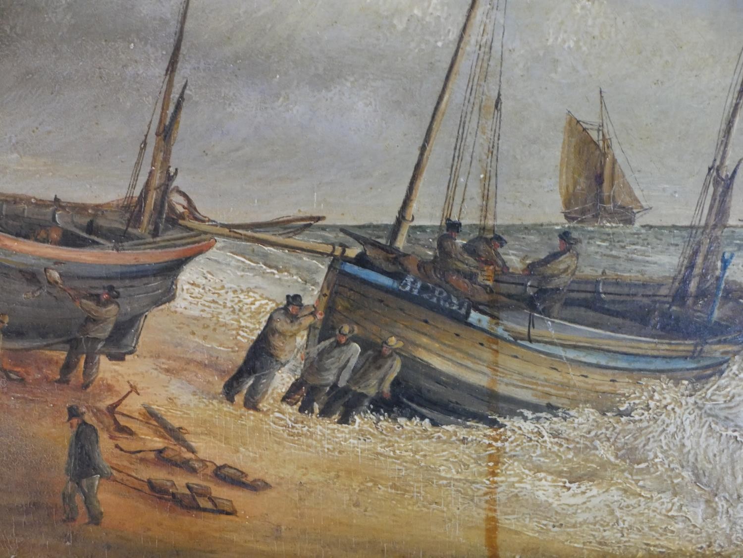 A gilt framed 19th century oil on board of fishermen pushing their boats out to sea, unsigned. H. - Image 4 of 4