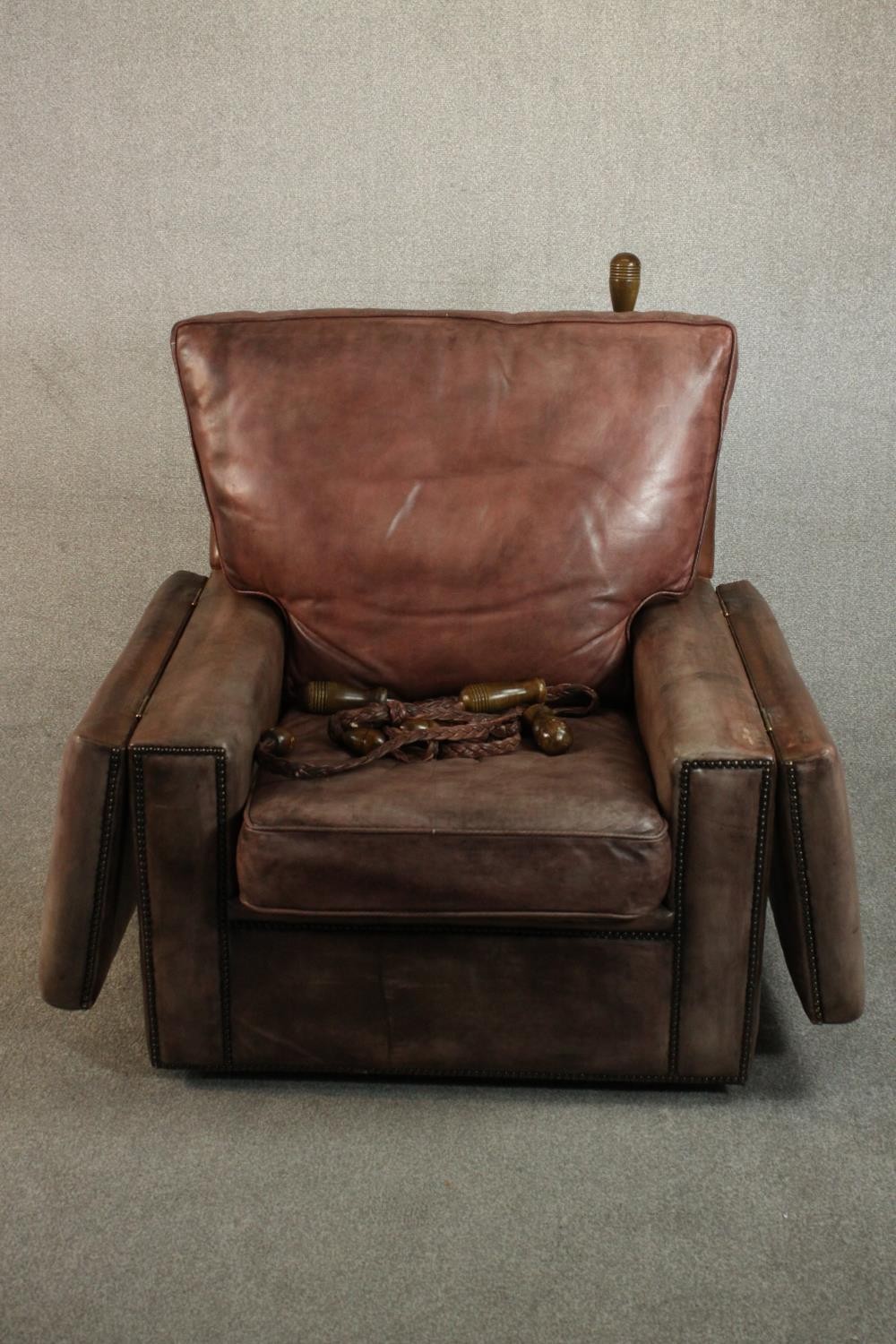 A Knole style contemporary brown leather armchair, with turned stained beech finials and studded - Image 11 of 12