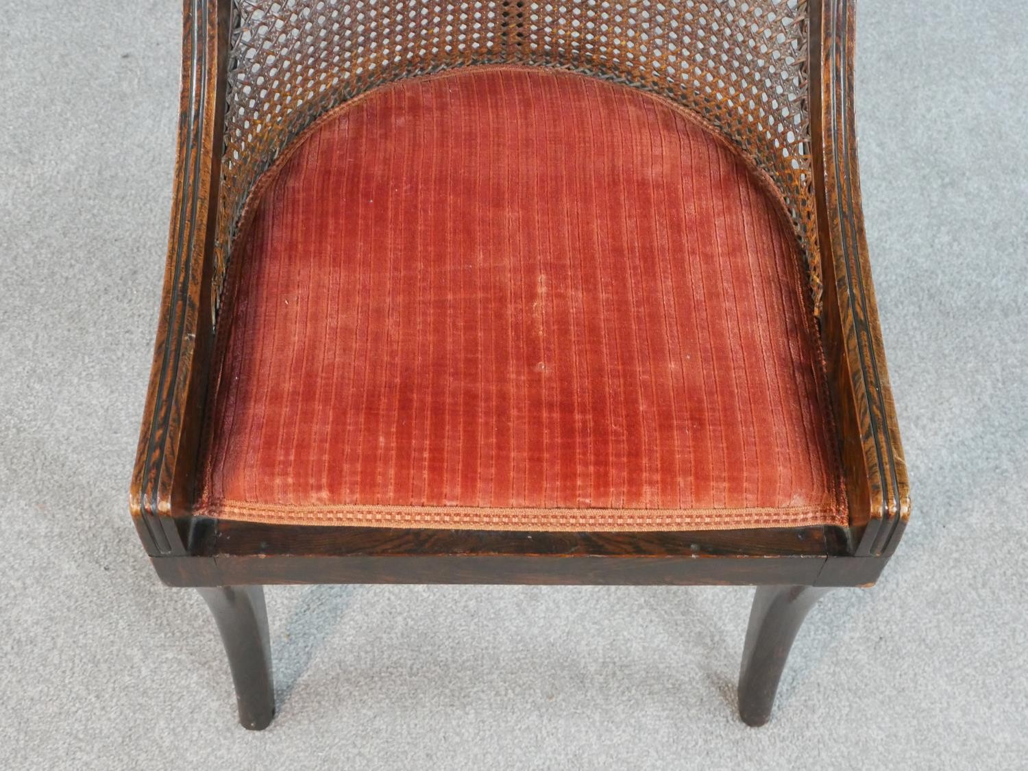 A Regency simulated rosewood bergere type side chair, the carved bar back over caning, above a red - Image 3 of 5