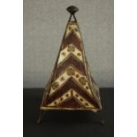 A vintage Moroccan leather and henna design pyramidal table lamp. H.46 W.25 D.27cm.