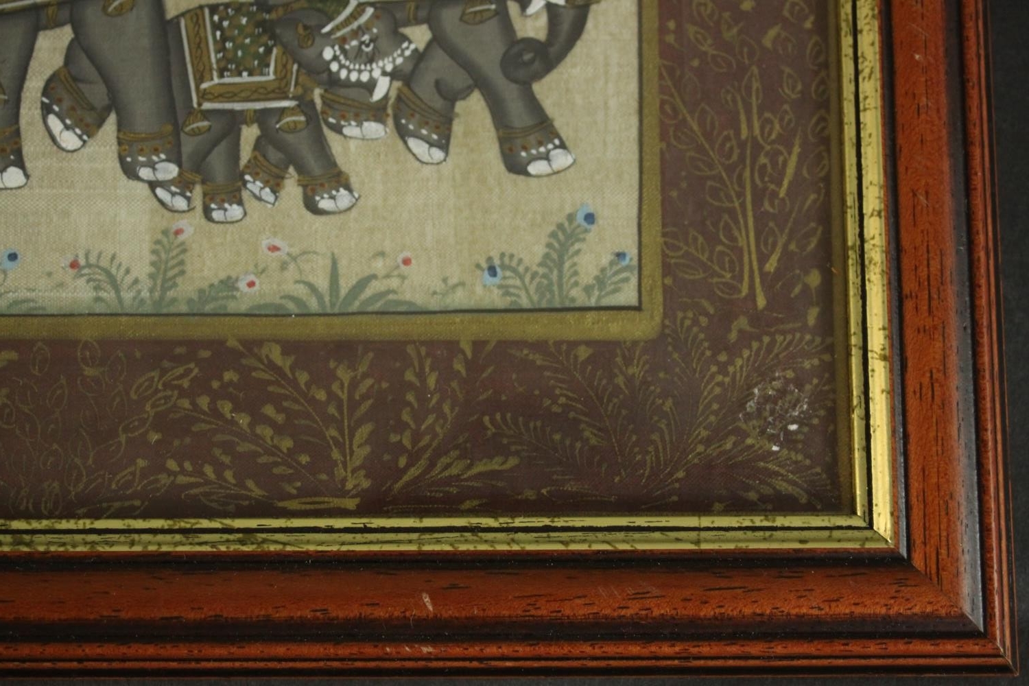 Three framed and glazed Indo-Persian Mogul gouache on paper paintings of elephants and horses in - Image 4 of 8