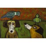 Wolf Howard, acrylic on canvas, 'Dogs and Birds'. Monogrammed WH and signed and titled verso. H.30