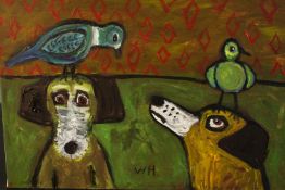 Wolf Howard, acrylic on canvas, 'Dogs and Birds'. Monogrammed WH and signed and titled verso. H.30