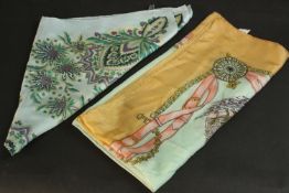 Two vintage silk scarves one with a galleon design and the other with a stylised floral and