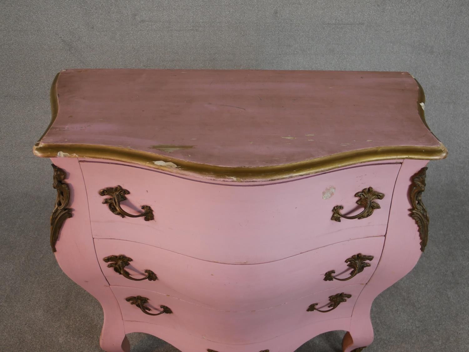 A pink painted Louis XV style bombe chest of drawers, the top with a moulded parcel gilt edge over - Image 3 of 6