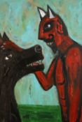 Wolf Howard, acrylic on canvas, 'The Devil and the Black Dog'. Monogrammed WH and signed and