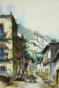 A framed and glazed watercolour of a Mexican town street scene, signed Buiz. H.40 W.31cm.