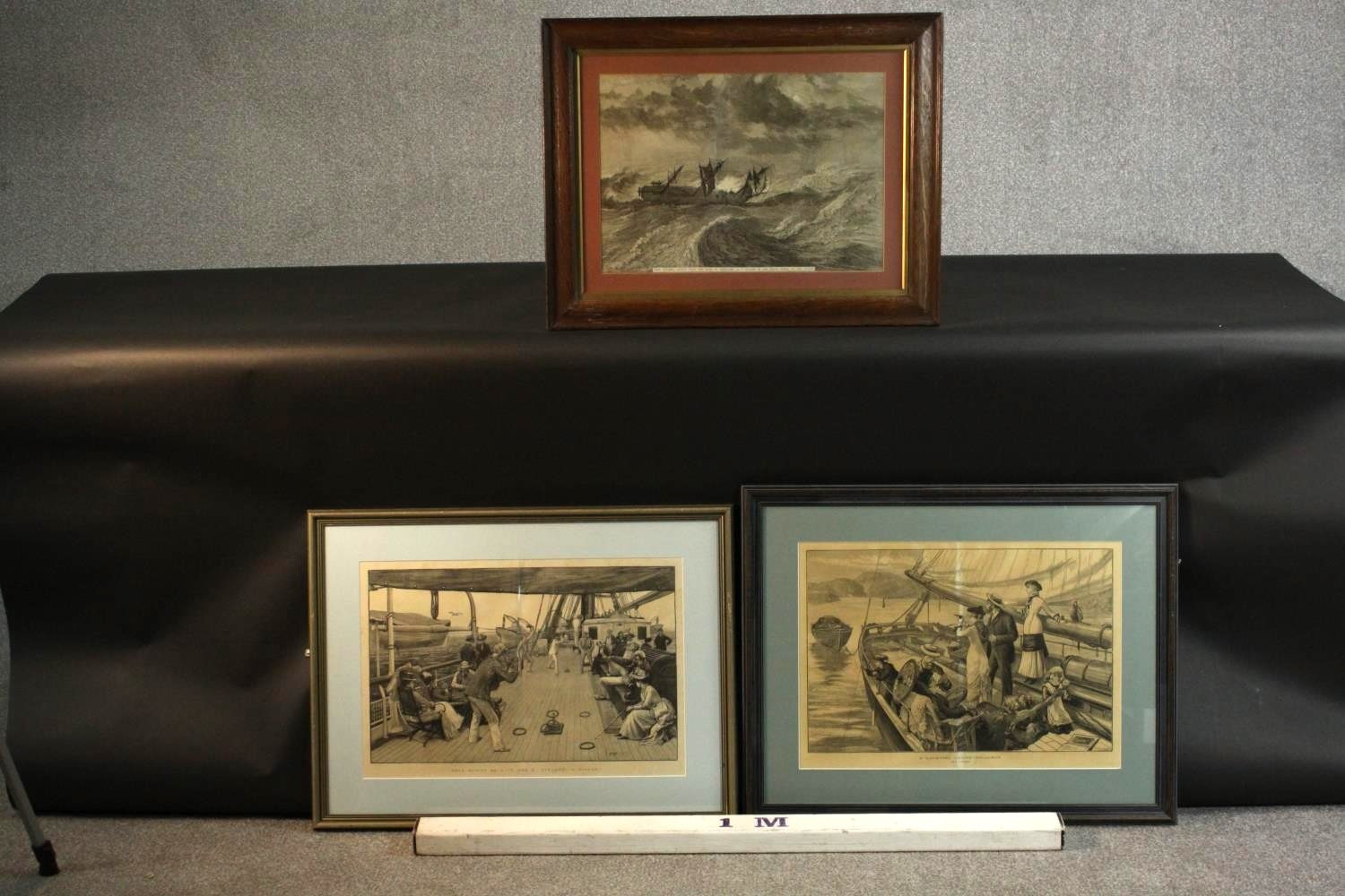 Three framed and glazed 19th century engravings: playing quoits on a boat, a boat in a storm and - Image 2 of 8