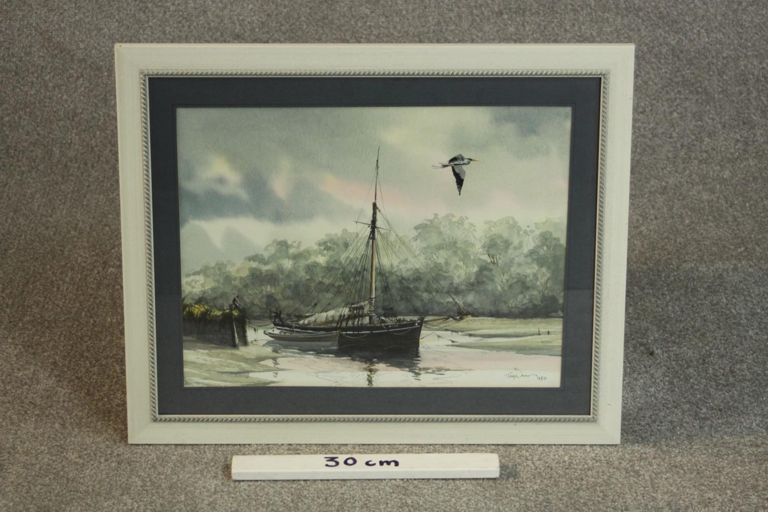 A framed and glazed watercolour of a sailing boat on the river with heron flying over, - Image 2 of 6