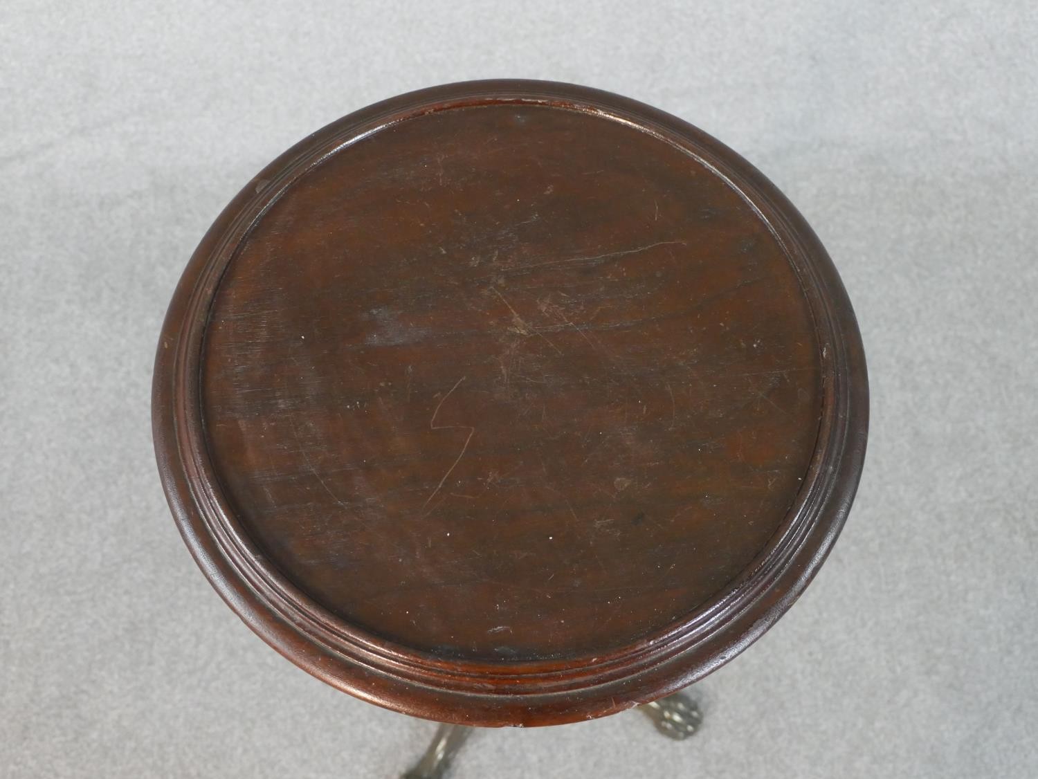 A late Victorian adjustable occasional or lamp table, the circular dished top on a telescopic - Image 5 of 5