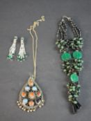 A collection of costume jewellery, including a pair of diamante and emerald paste chandelier
