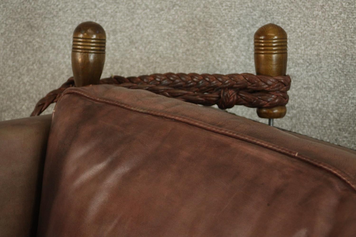 A Knole style contemporary brown leather armchair, with turned stained beech finials and studded - Image 8 of 12