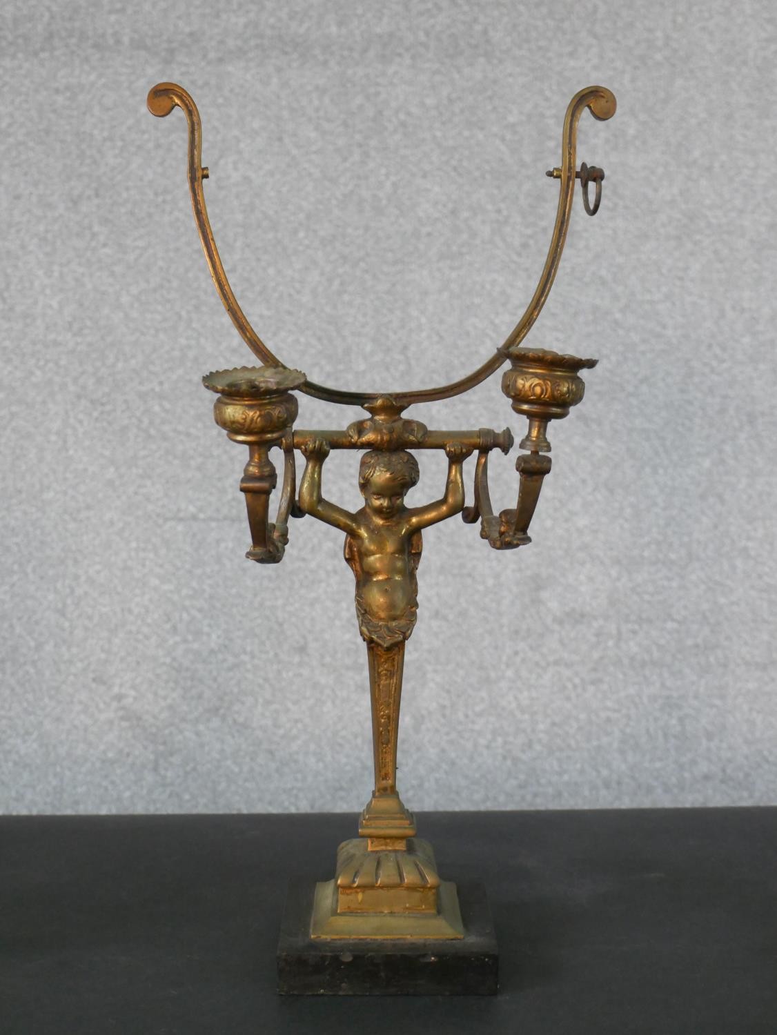 Two pairs of brass candlesticks and a 19th century Classical design two branch gilt spelter - Image 2 of 5