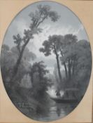A framed and glazed 19th century en grisaille watercolour of boating by the moonlight,