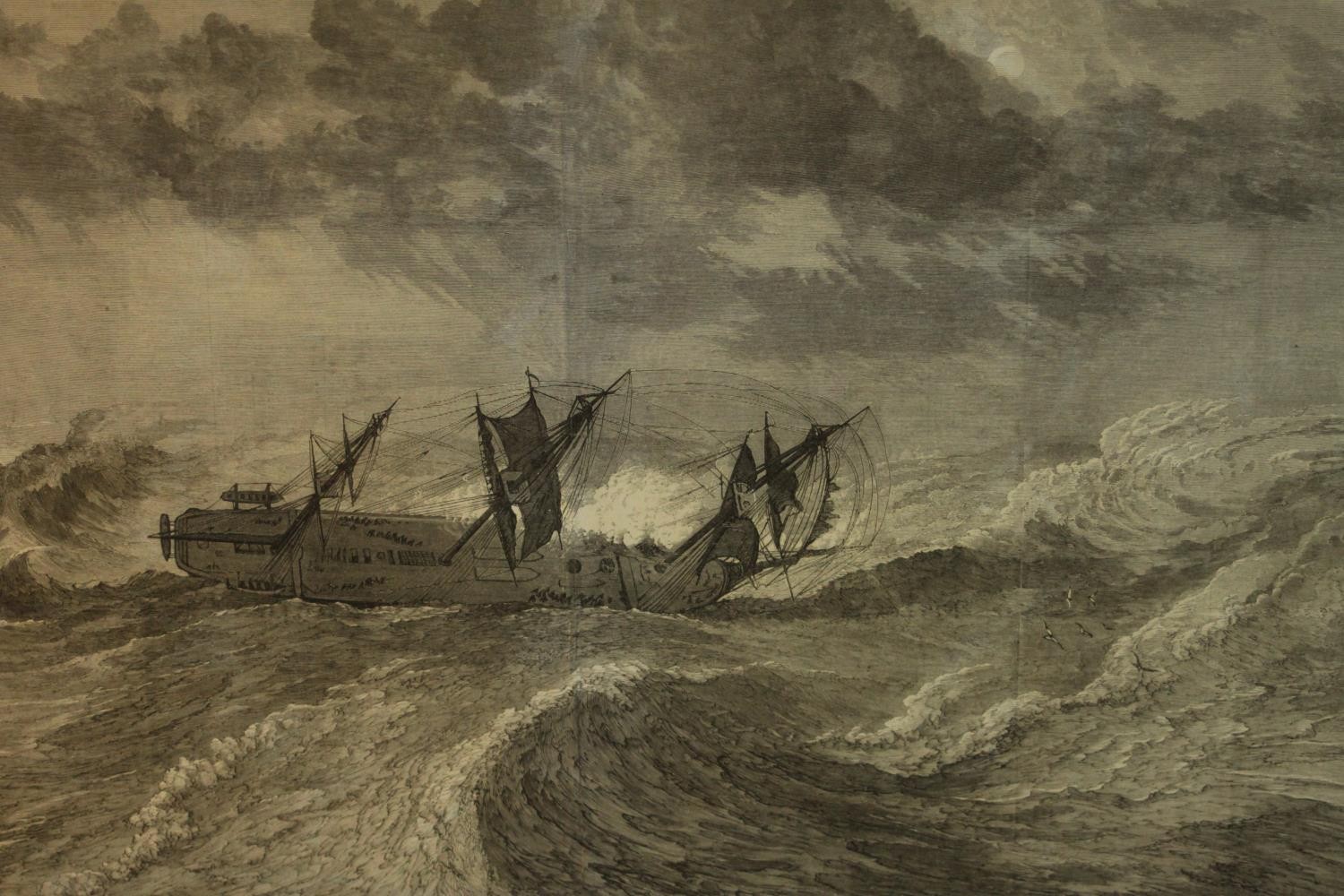 Three framed and glazed 19th century engravings: playing quoits on a boat, a boat in a storm and - Image 3 of 8