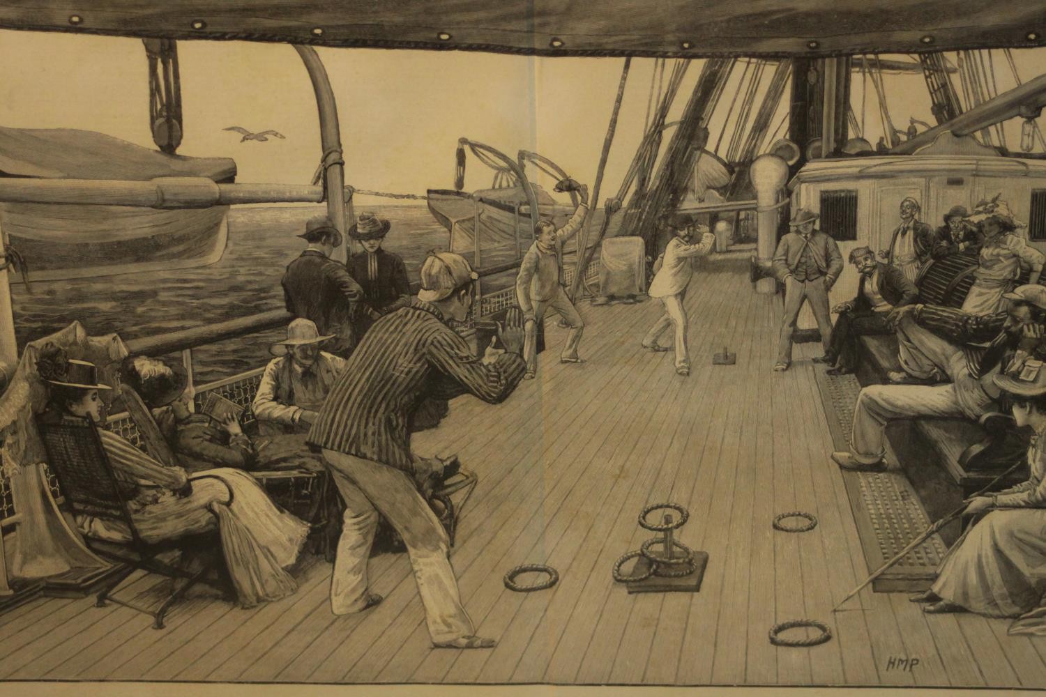 Three framed and glazed 19th century engravings: playing quoits on a boat, a boat in a storm and - Image 4 of 8