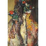 A gilt framed oil on canvas of two hanging pheasants, indistinctly signed. H.67 W.36cm.