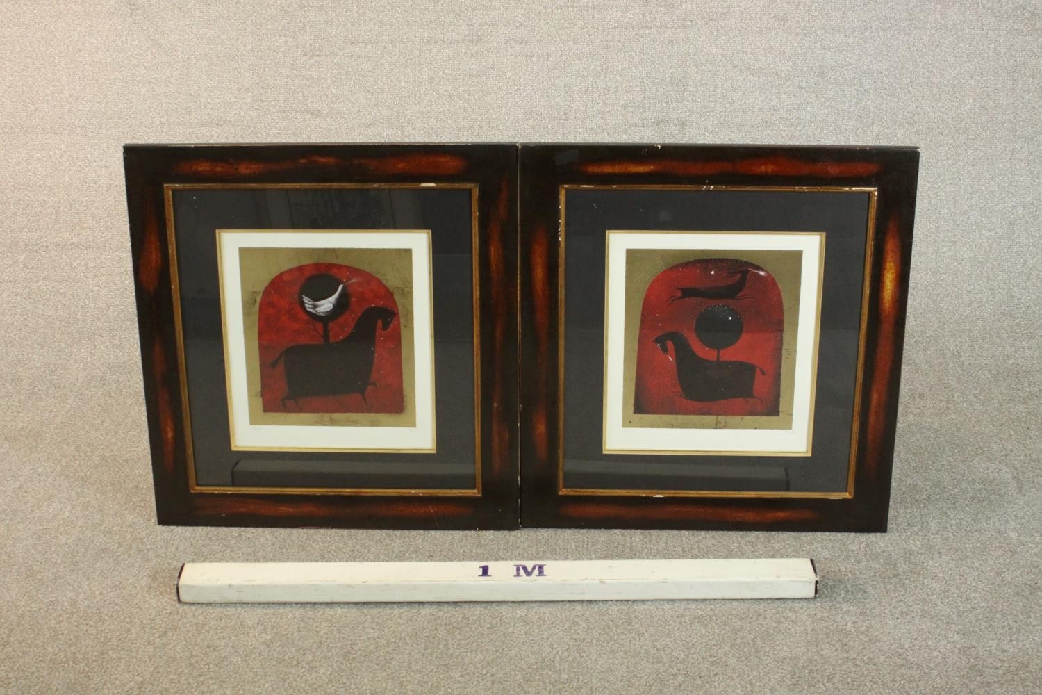 Two framed and glazed signed prints with gilded detailing both depicting stylised horses, one with a - Image 2 of 7