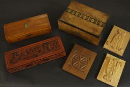 A collection of treen items, including three early 20th century boxes one with Tunbridge ware design