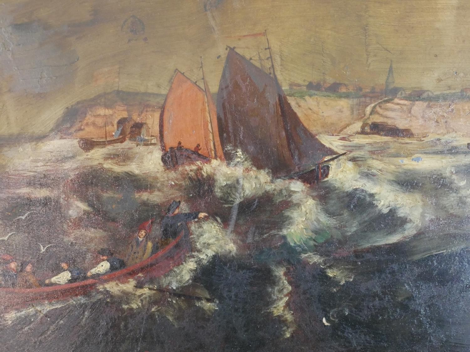 A framed oil on board of sailing ships on a stormy sea, unsigned. H.47.5 W.58cm - Image 4 of 4