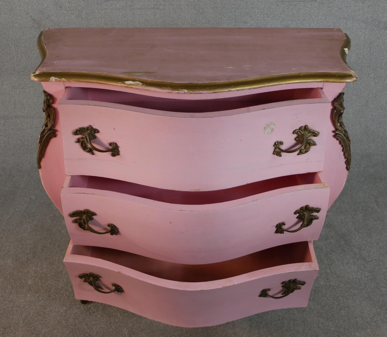 A pink painted Louis XV style bombe chest of drawers, the top with a moulded parcel gilt edge over - Image 4 of 6