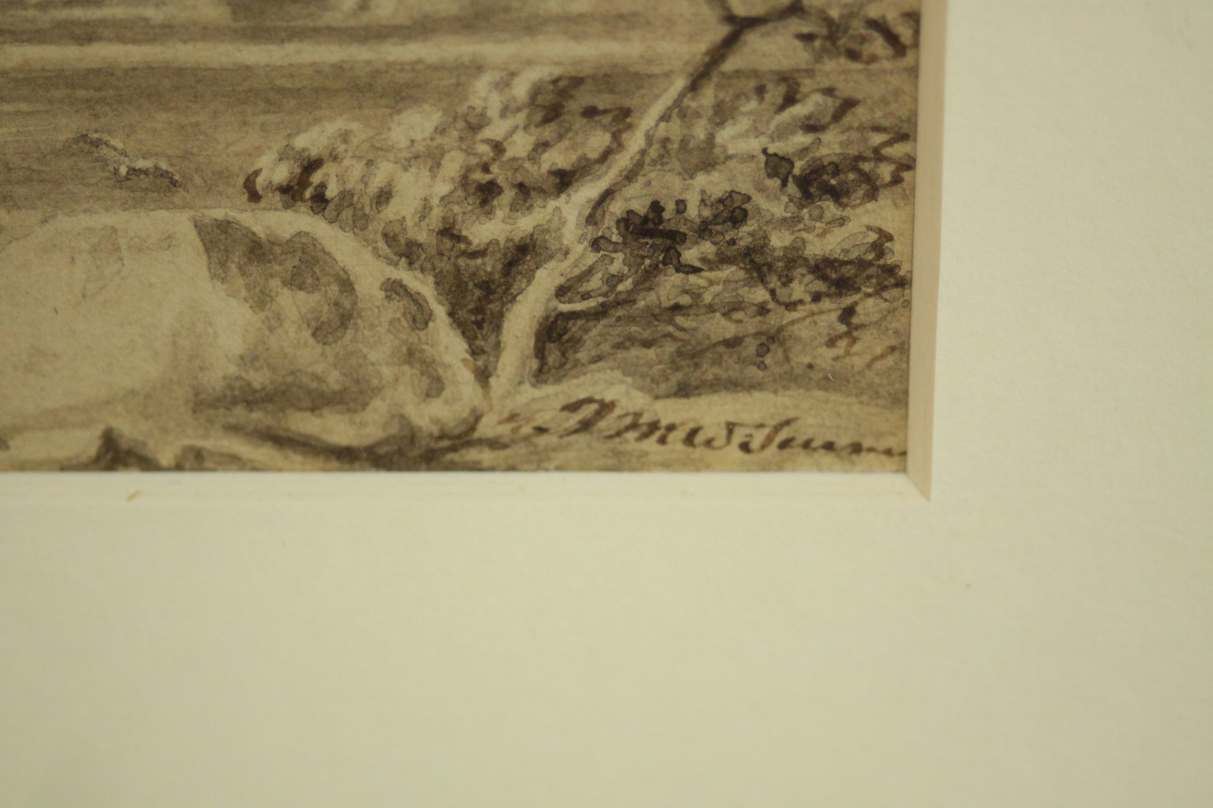 After Turner, an early 19th century brown wash watercolour of a shepherd by a castle, inscribed - Image 4 of 7