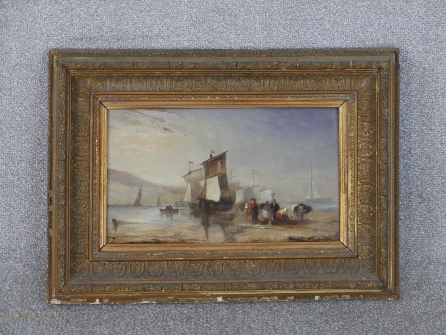 A 19th century carved gilt framed oil on board of fishing boats and figures on a beach, unsigned. - Image 2 of 6