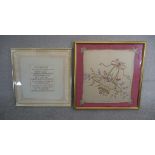 Two framed and glazed embroidered panels, a silk cushion cover with embroidered flower basket and
