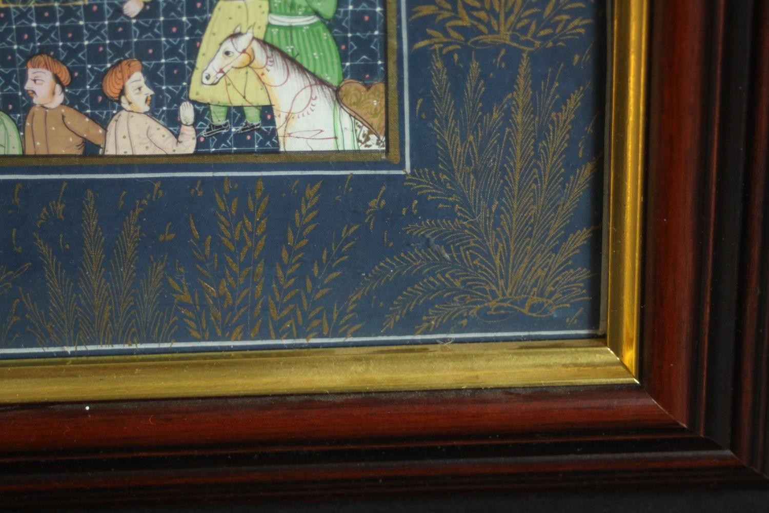 A framed and glazed early 20th century Indo-Persian gouache on paper of a court room scene with - Image 3 of 3