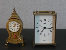 Two vintage clocks, a brass quartz carriage clock by Smiths and Looping Swiss Giltwood spire form