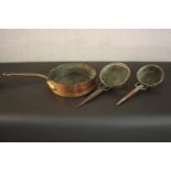 Three 19th century brass and copper pans. H.8 Dia.26cm. (largest)