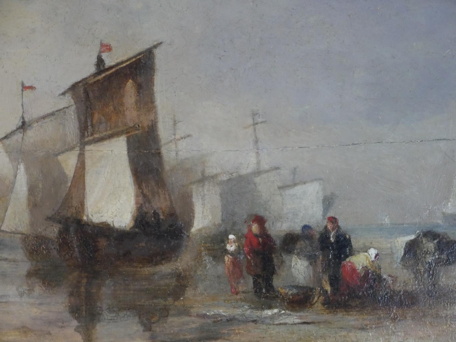 A 19th century carved gilt framed oil on board of fishing boats and figures on a beach, unsigned. - Image 4 of 6