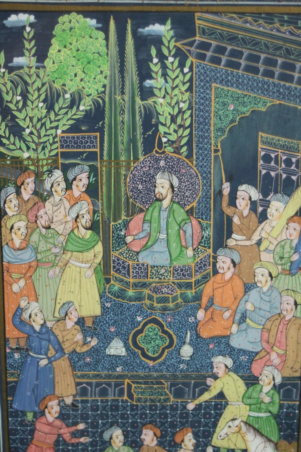 A framed and glazed early 20th century Indo-Persian gouache on paper of a court room scene with