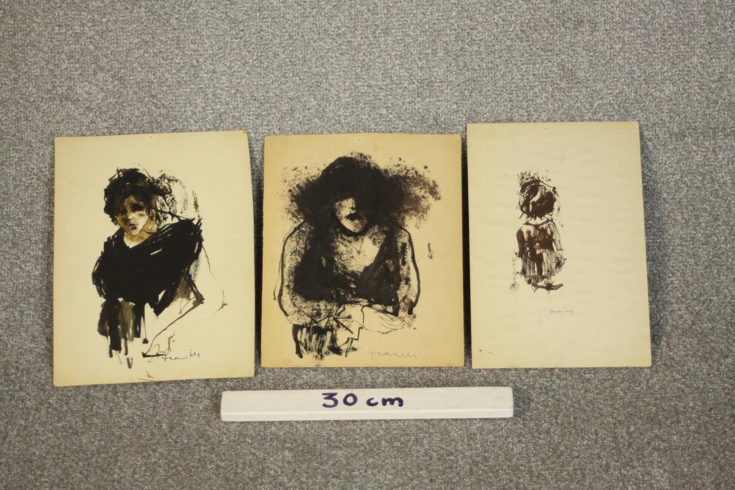 Three unframed ink drawings of figural studies, indistinctly signed. H.28 W.21cm. - Image 2 of 6